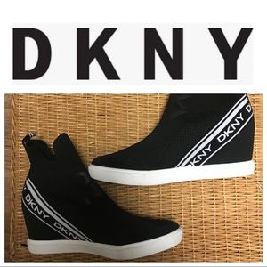 DKNY Black and White Pull on Wedge Sneakers NWT